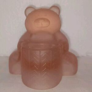 Vintage Frosted Satin Glass Pink Teddy Bear Candle Holder Rare Color To Find